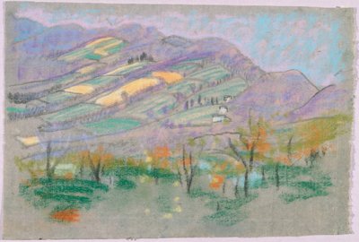 Landschap met paarse bergen door Arthur Bowen Davies